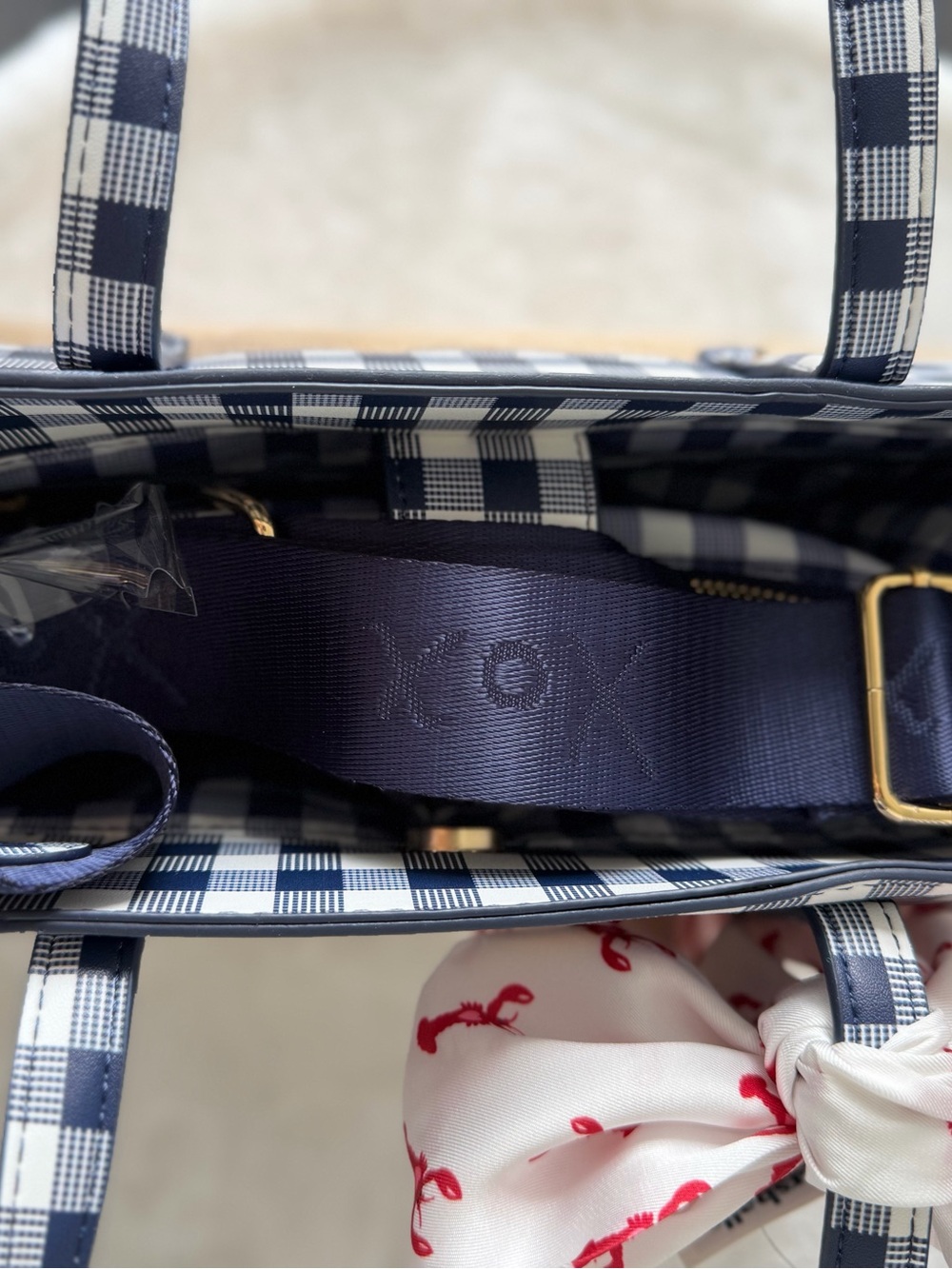 Betsey Johnson Navy blue Gingham quilted heart Straw Tote lobster scarf - Picture 7 of 11